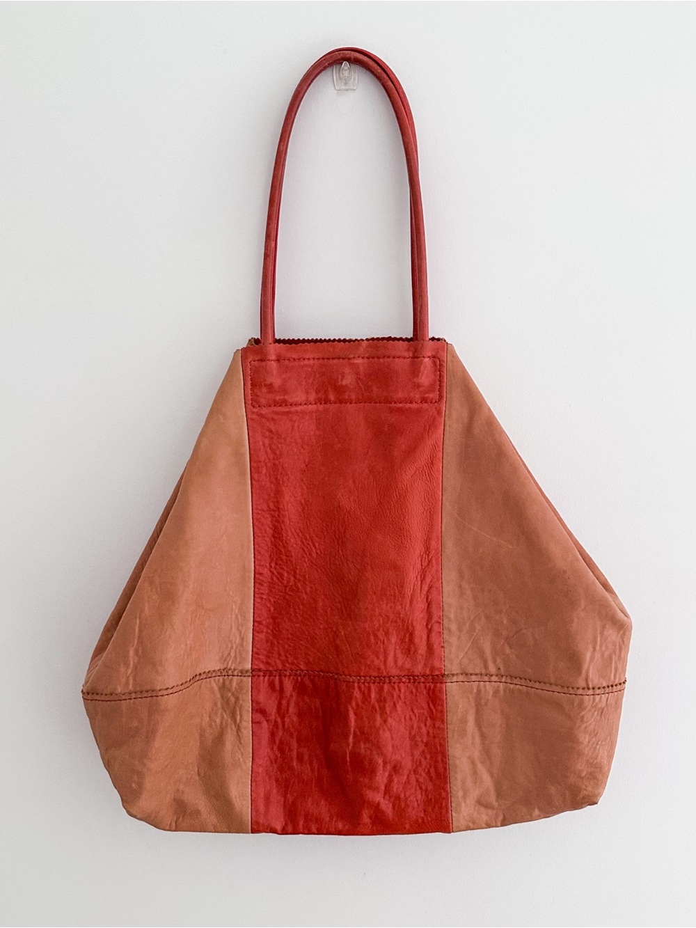 Banana Republic Leather Tote Color Block Tan & Red Patchwork Shoulder Bag - Picture 15 of 15